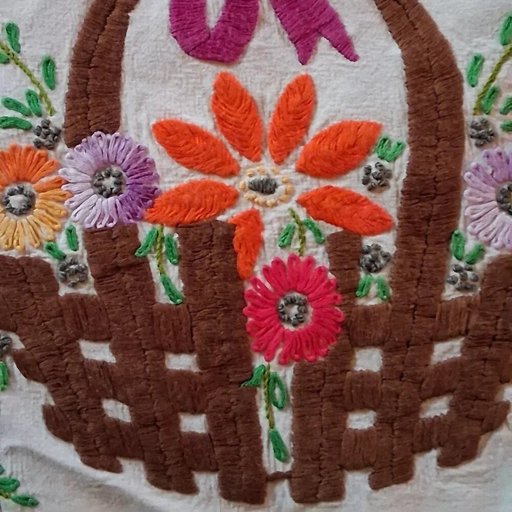Vintage 1950s Hand Embroidered Easter Basket Tablecloth 72x53 w/ Crochet Trim